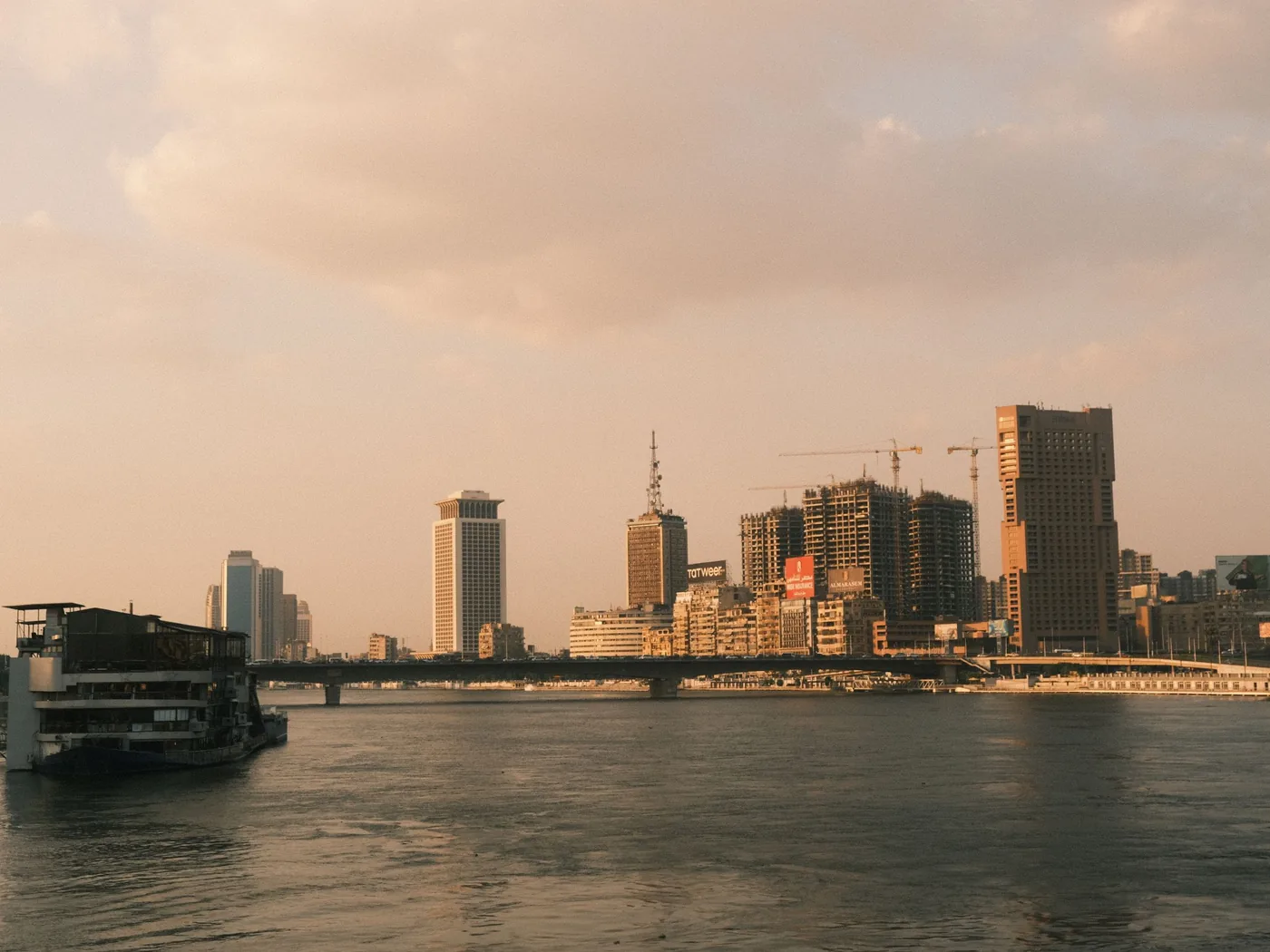 The Nile river through Cairo lit up at night
